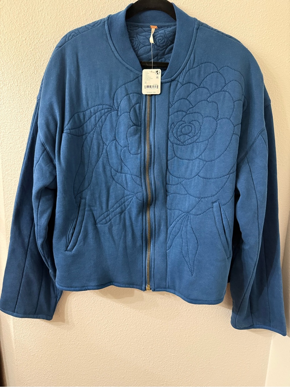 Free People Blue Quilted Floral Bomber Jacket with Zip